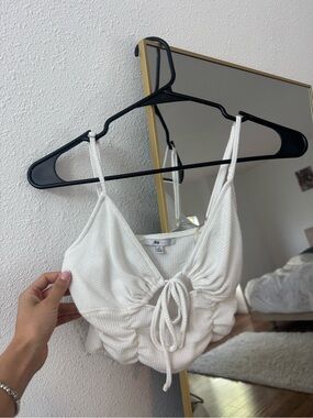 Ribbed White Tie-Front Cropped Tank Top